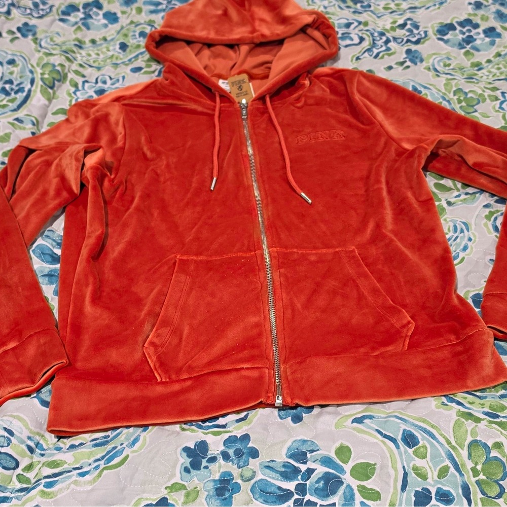 PINK Victoria's Secret Orange Logo Velour Full Zip Hoodie Pockets Women M